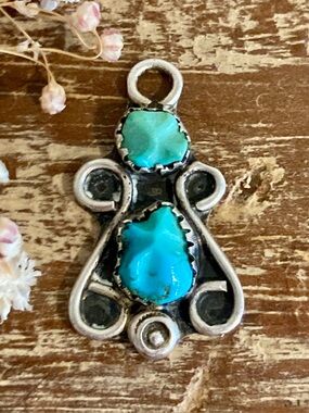 Small Southwestern Style Pendant Silver Tone with Two Blue Stones Sawtooth Bezel
